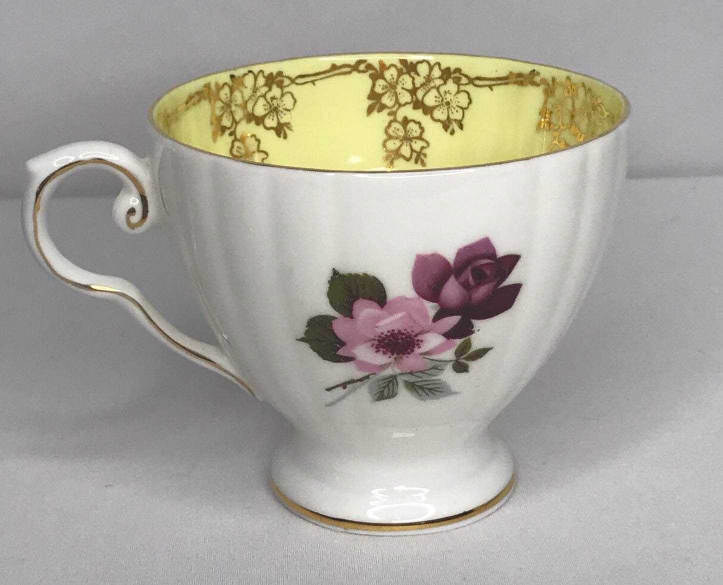 Royal Grafton fine bone china tea cup saucer set white/yellow purple pink floral & gold floral trim