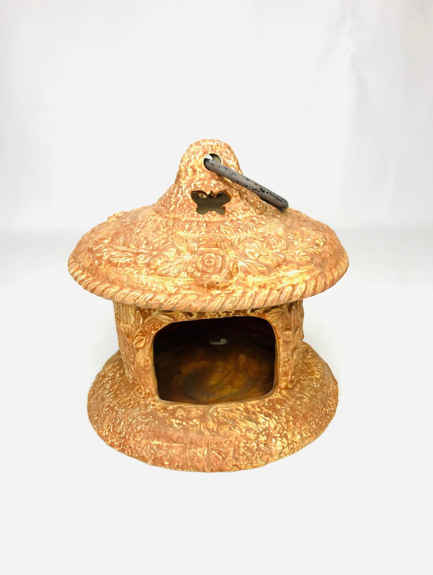 Terra cotta rose and butterfly design bird house