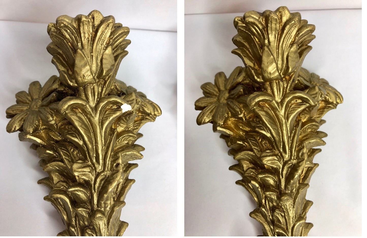 Vintage 3-piece gold painted plaster chalkware floral bouquet taper wall sconce & planter