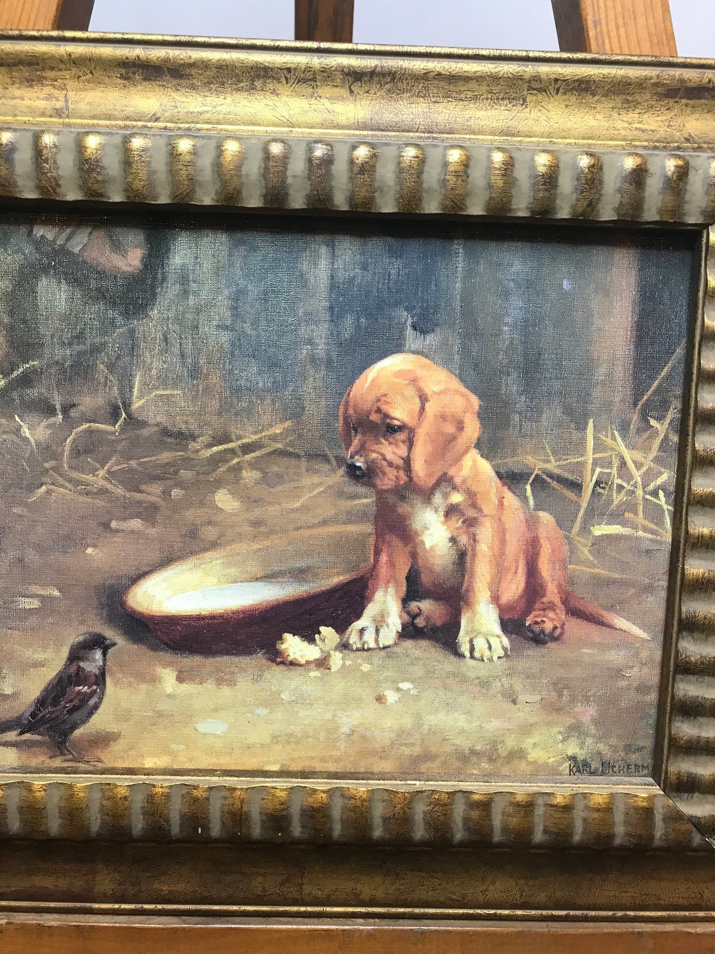 Uninvited guest by karl uchermann 1855-1940 dog/puppy framed picture/wall decor (t)