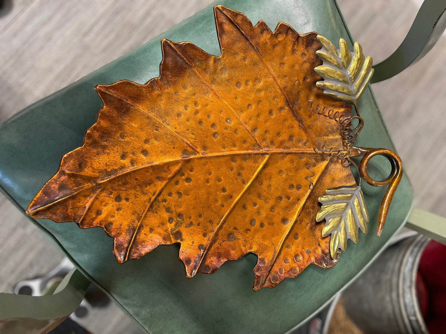 Mid Century Copper Finish Leaf Platter with Handle | Vintage Leaf Tray | Fruit Dish | Catch-all