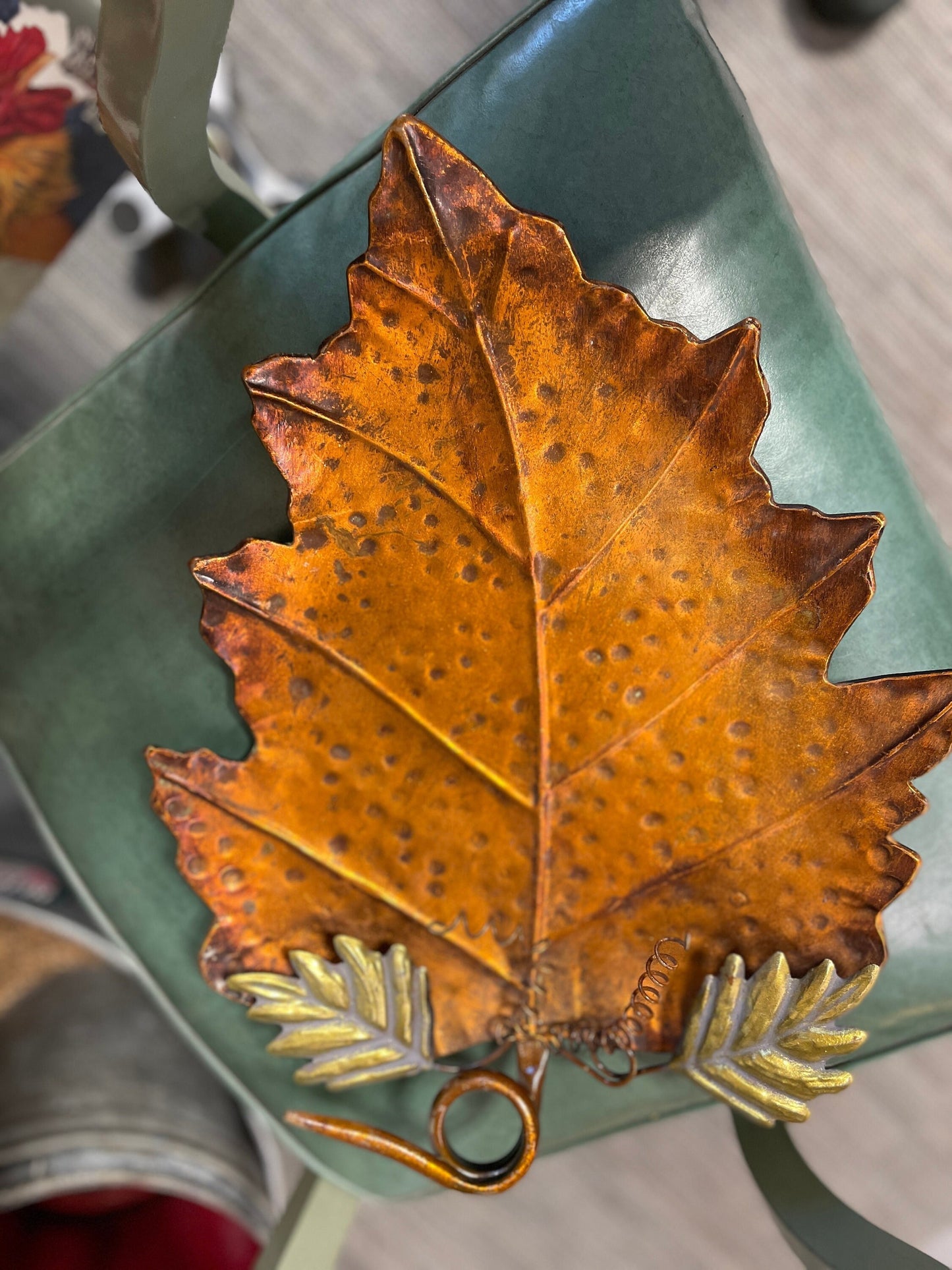 Mid Century Copper Finish Leaf Platter with Handle | Vintage Leaf Tray | Fruit Dish | Catch-all