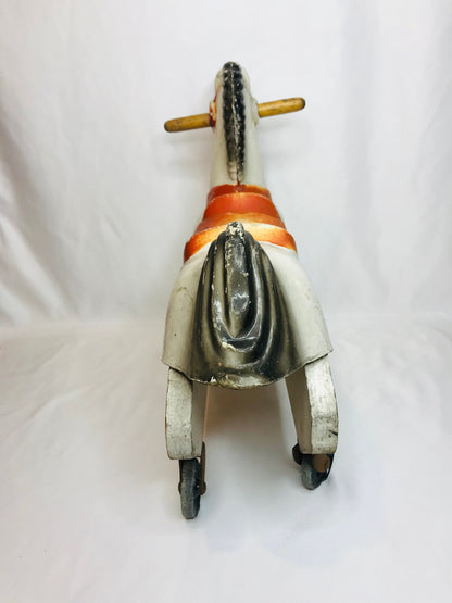 Vintage train-rite child’s plastic & wood hobby horse on wheels