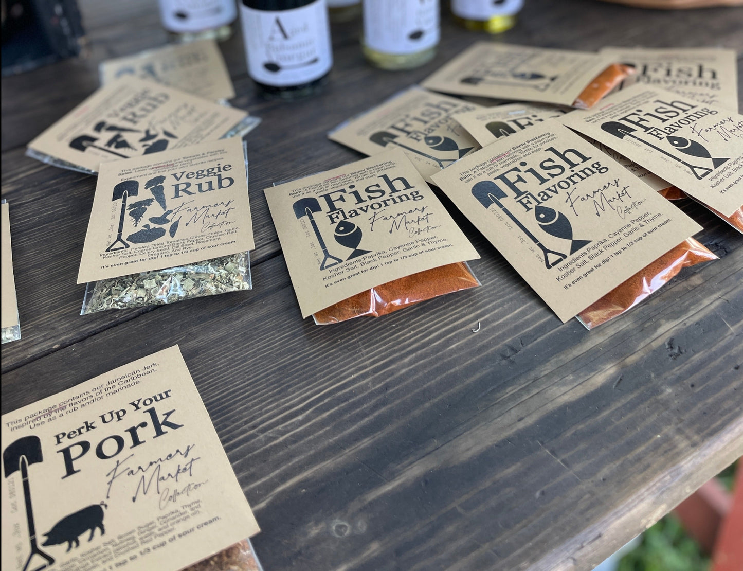 Veggie Rub, Fish Flavoring, Steak Seasoning, Poultry Potion, Perk up our Pork