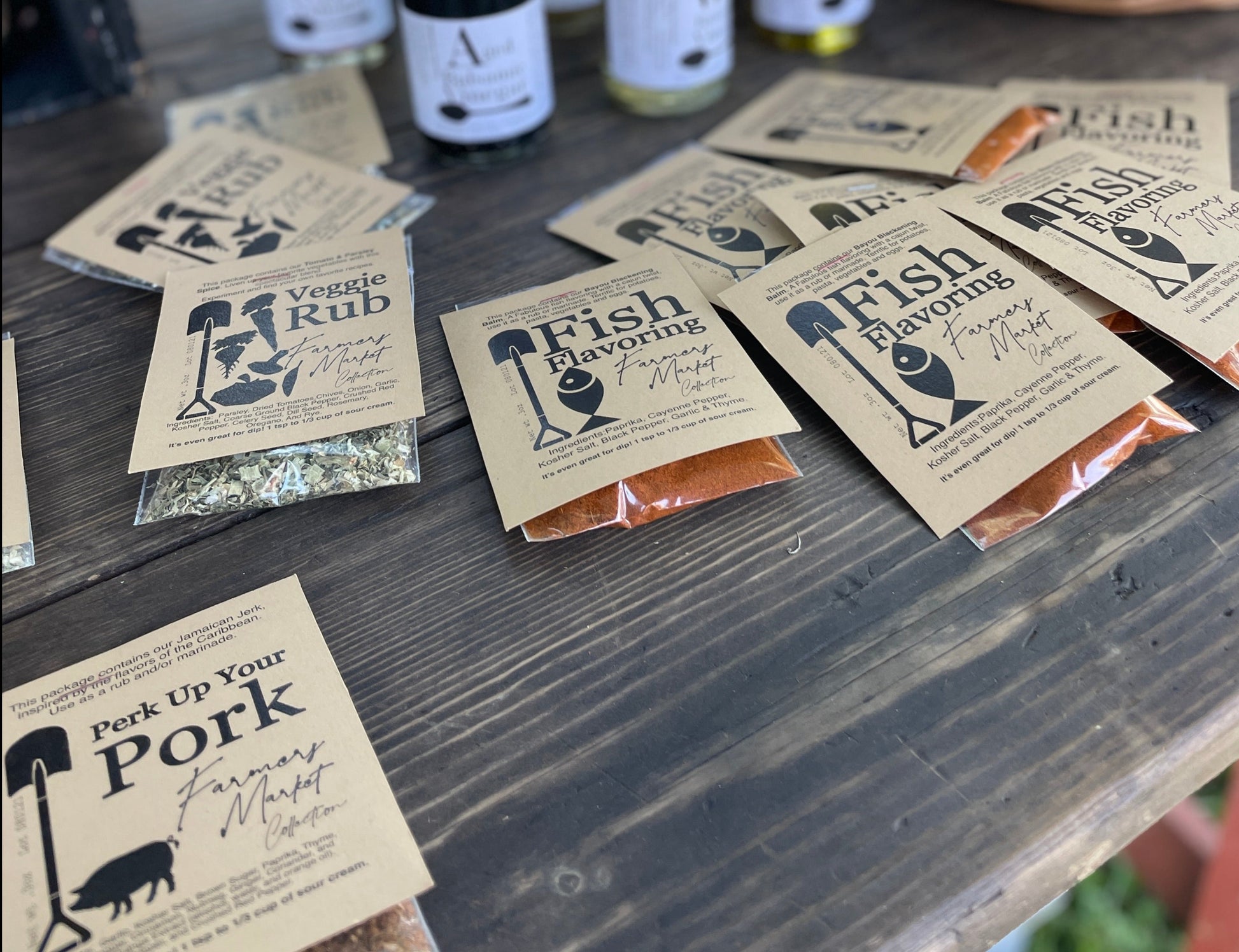 Veggie Rub, Fish Flavoring, Steak Seasoning, Poultry Potion, Perk up our Pork