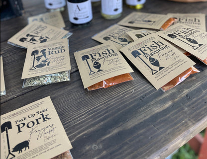 Veggie Rub, Fish Flavoring, Steak Seasoning, Poultry Potion, Perk up our Pork