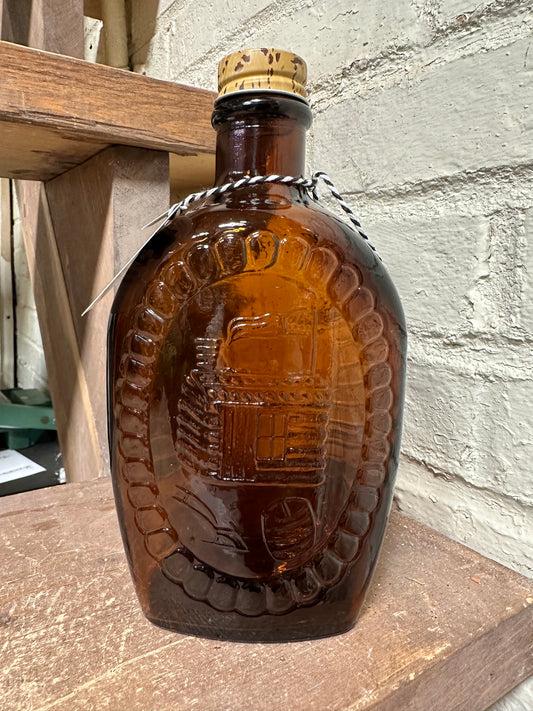 Vintage Log Cabin syrup bottle/flask amber embossed 1776