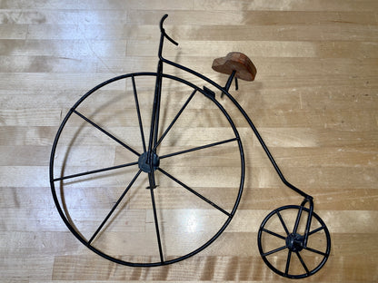 Metal Wire High Wheel Bicycle With Wood Seat, wall/shelf display