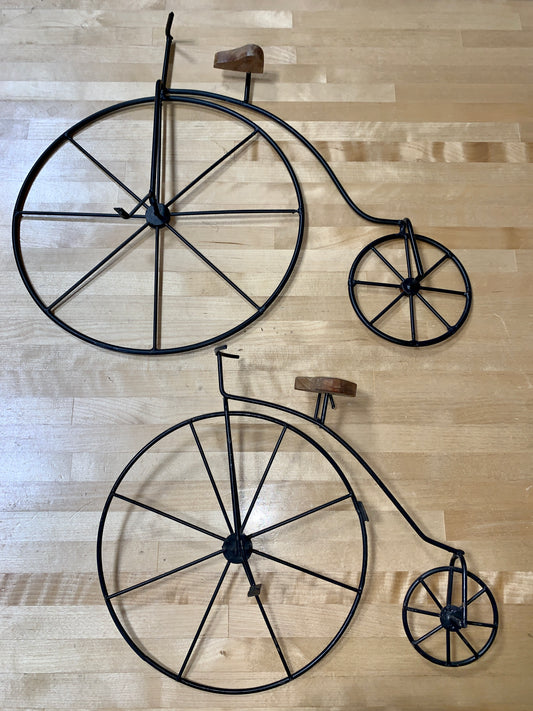 Metal Wire High Wheel Bicycle With Wood Seat, wall/shelf display