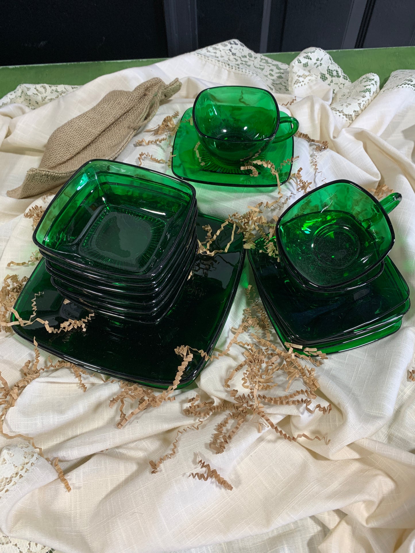 Charming Forest Green Fire King Luncheon Plates, Bowls and Cups