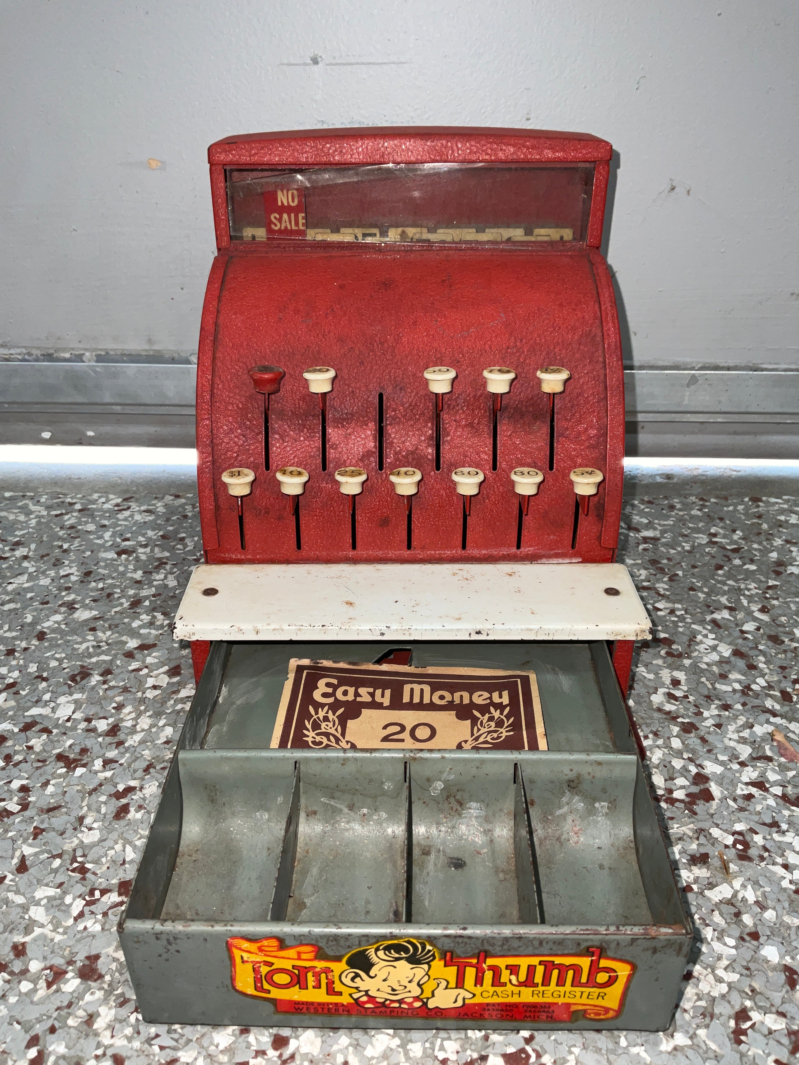 Toy Tom shops Thumb Cash Register mid century WORKS RED steel vintage grocery store