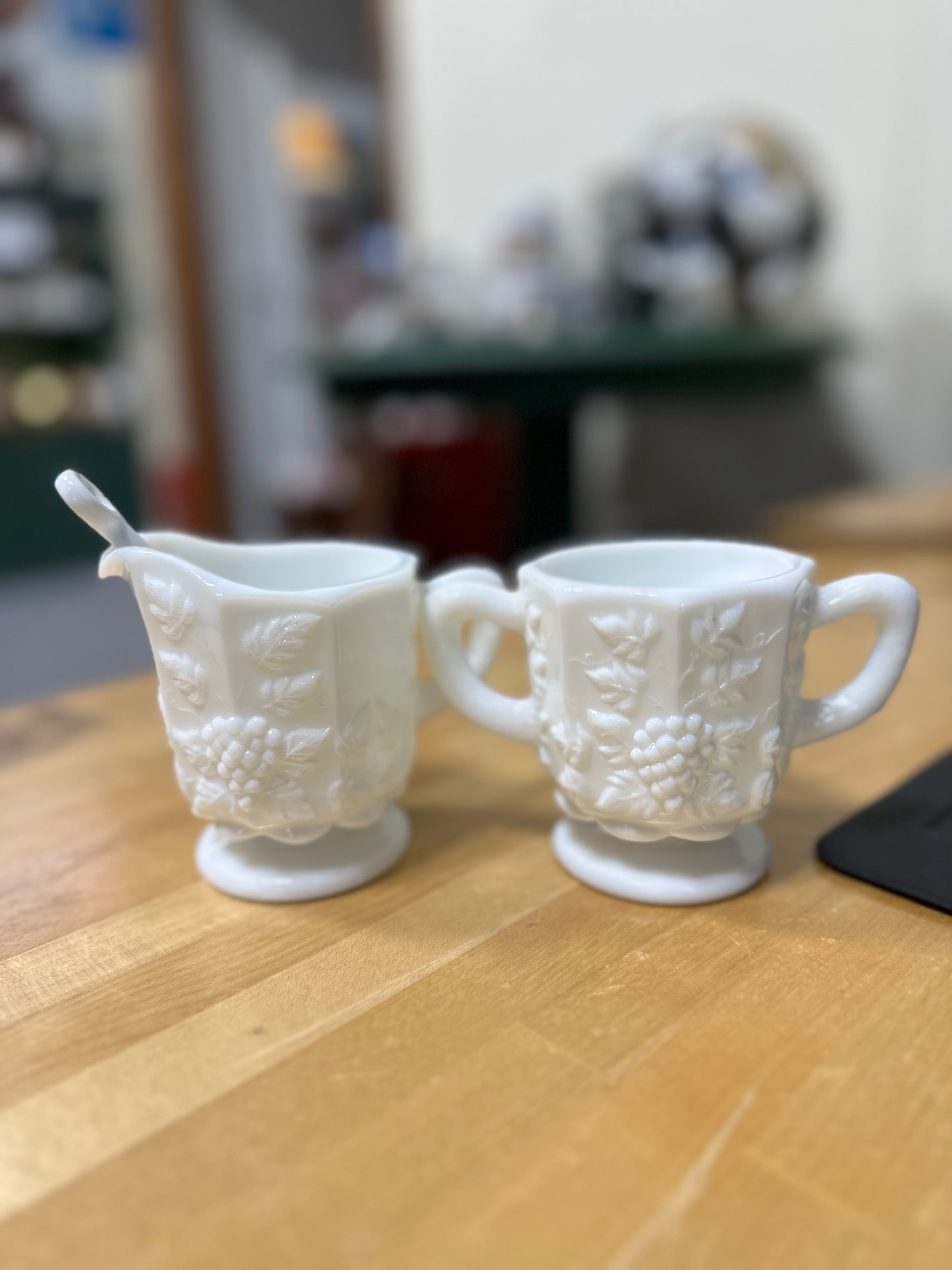 Westmoreland Depression Milk Glass Paneled Grape Cream Pitcher and Sugar Bowl