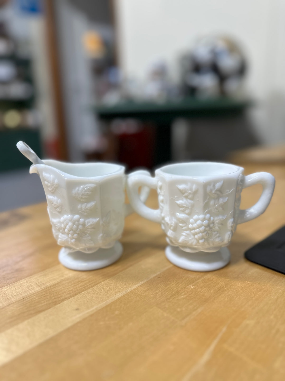 Westmoreland Depression Milk Glass Paneled Grape Cream Pitcher and 