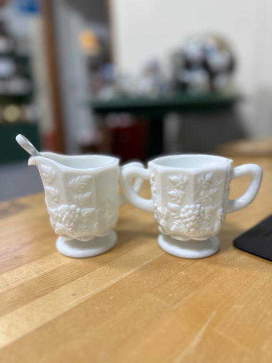 Westmoreland Depression Milk Glass Paneled Grape Cream Pitcher and Sugar Bowl