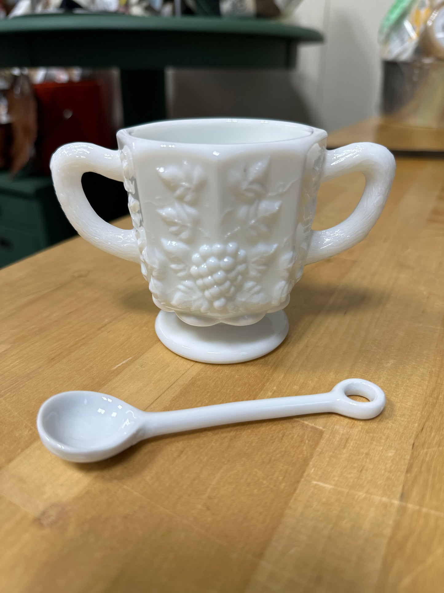 Westmoreland Depression Milk Glass Paneled Grape Cream Pitcher and Sugar Bowl